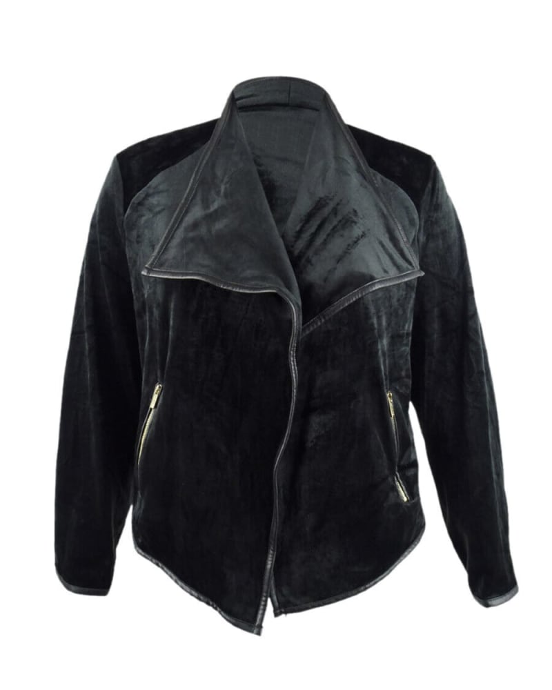 Front of a size 0X Calvin Klein Women's Plus Contrast Trim Flyaway Jacket Black Size 0X in Black by Calvin Klein. | dia_product_style_image_id:314559